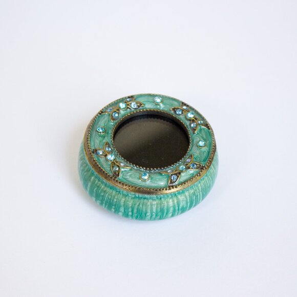 Tiny Trinket Box, small 2" brass and enamel teal jeweled picture box, locket tin - Picture 2 of 7